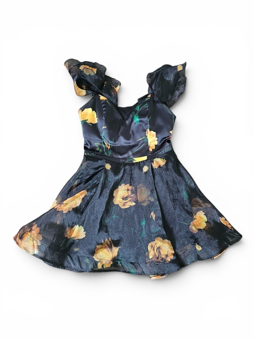 Weraberto Black Floral Organza Party Dress Ruffle Sleeve Fit & Flare, Size XL